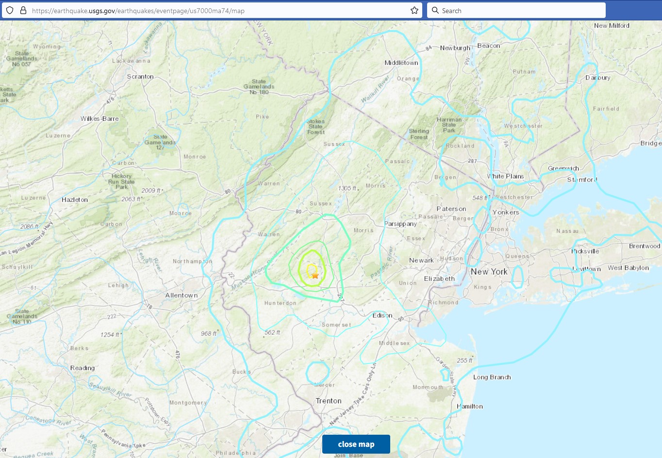 USGS map showing epicenter of earthquake